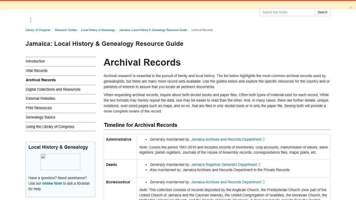 Archival Records - Jamaica: Local History & Genealogy Resource Guide - Research Guides at Library of Congress